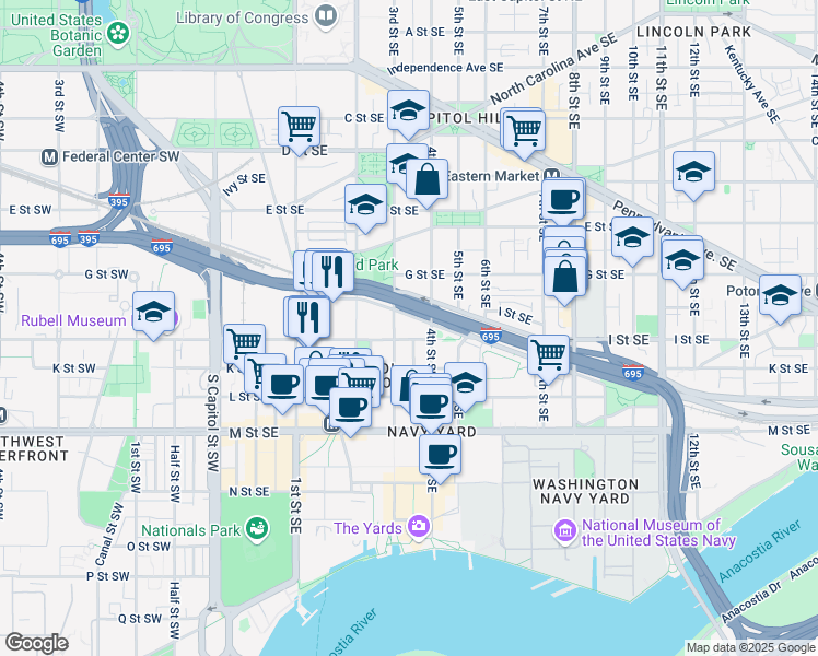 map of restaurants, bars, coffee shops, grocery stores, and more near 321 Virginia Avenue Southeast in Washington