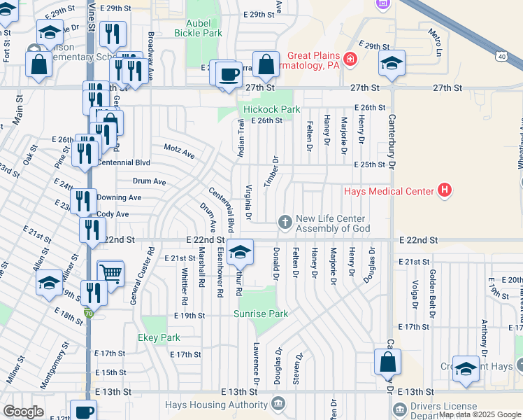 map of restaurants, bars, coffee shops, grocery stores, and more near 2323 Timber Drive in Hays