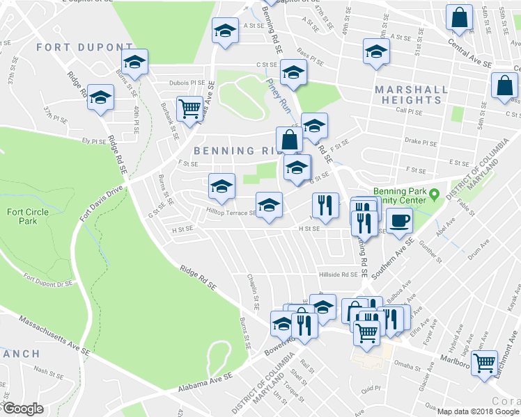 map of restaurants, bars, coffee shops, grocery stores, and more near 920 Hilltop Terrace Southeast in Washington