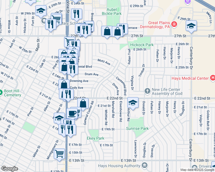 map of restaurants, bars, coffee shops, grocery stores, and more near 2302 General Custer Road in Hays