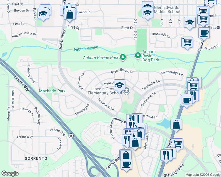 map of restaurants, bars, coffee shops, grocery stores, and more near 635 Farrington Lane in Lincoln
