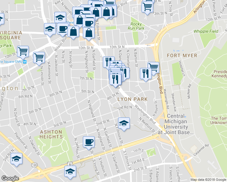 map of restaurants, bars, coffee shops, grocery stores, and more near 409 North Edgewood Street in Arlington