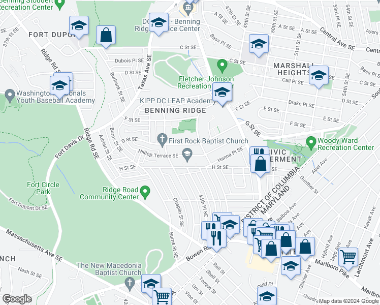 map of restaurants, bars, coffee shops, grocery stores, and more near 926 Hilltop Terrace Southeast in Washington
