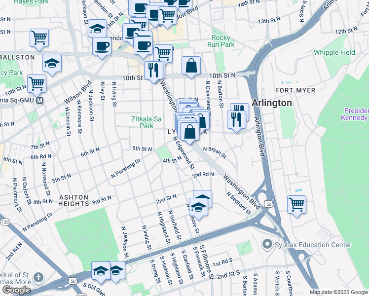 map of restaurants, bars, coffee shops, grocery stores, and more near 409 North Edgewood Street in Arlington