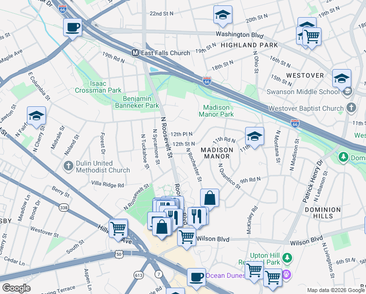 map of restaurants, bars, coffee shops, grocery stores, and more near 6340 12th St N in Arlington