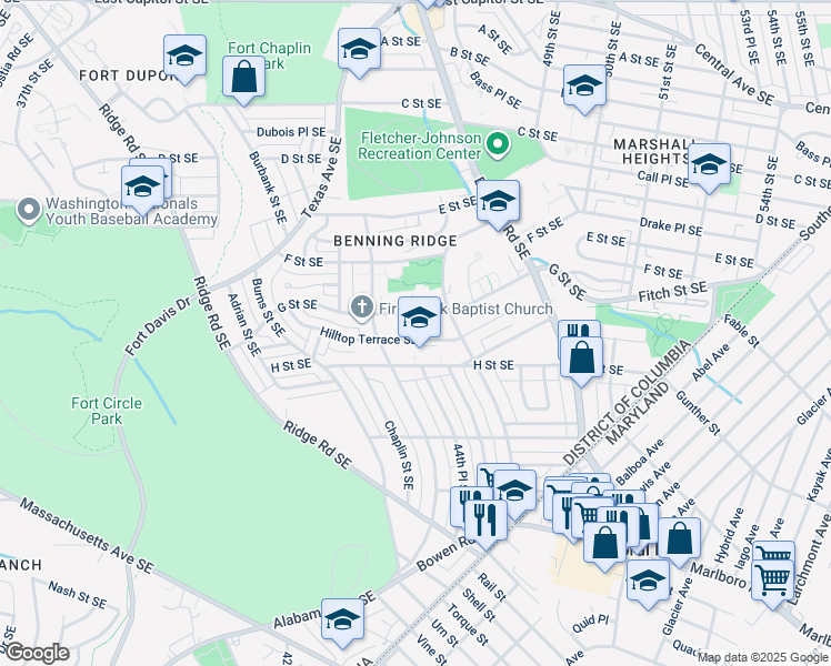 map of restaurants, bars, coffee shops, grocery stores, and more near 920 Hilltop Terrace Southeast in Washington