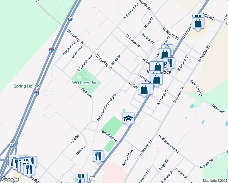 map of restaurants, bars, coffee shops, grocery stores, and more near 412 Massanutten Heights in Woodstock