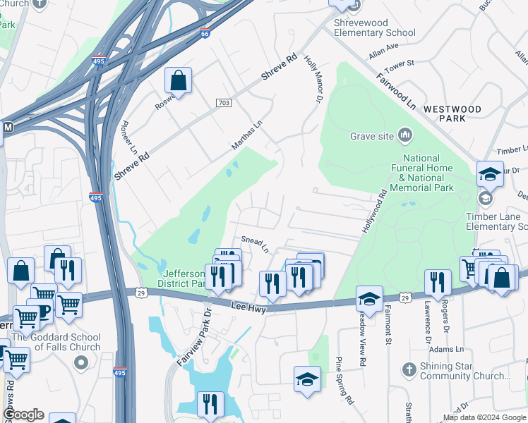 map of restaurants, bars, coffee shops, grocery stores, and more near 2777 Middlecoff Place in Falls Church