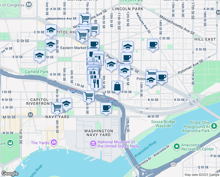 map of restaurants, bars, coffee shops, grocery stores, and more near 763 10th Street Southeast in Washington
