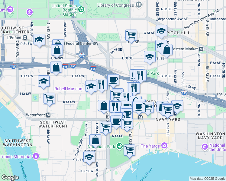 map of restaurants, bars, coffee shops, grocery stores, and more near 101 Independence Avenue Southeast in Washington