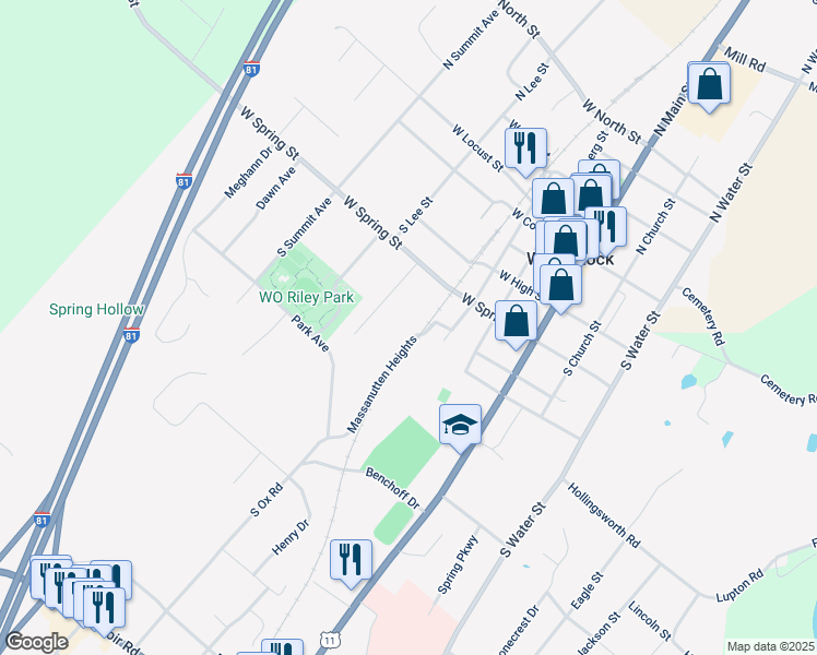 map of restaurants, bars, coffee shops, grocery stores, and more near 412 Massanutten Heights in Woodstock