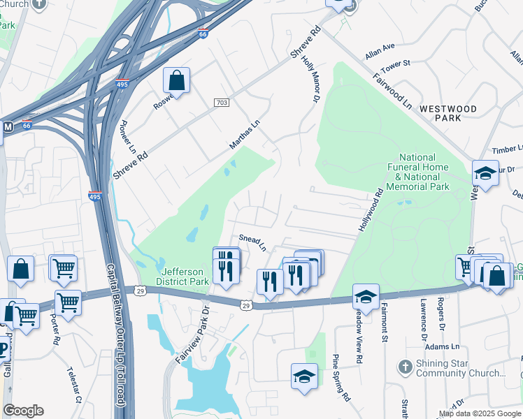 map of restaurants, bars, coffee shops, grocery stores, and more near 2777 Middlecoff Place in Falls Church