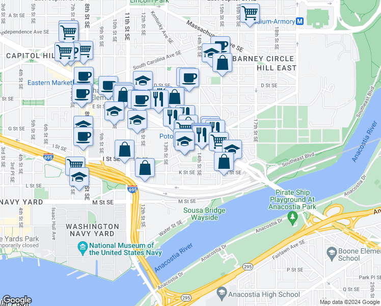 map of restaurants, bars, coffee shops, grocery stores, and more near 1371 Potomac Avenue Southeast in Washington