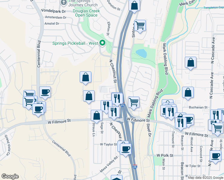 map of restaurants, bars, coffee shops, grocery stores, and more near 3216 North Chestnut Street in Colorado Springs