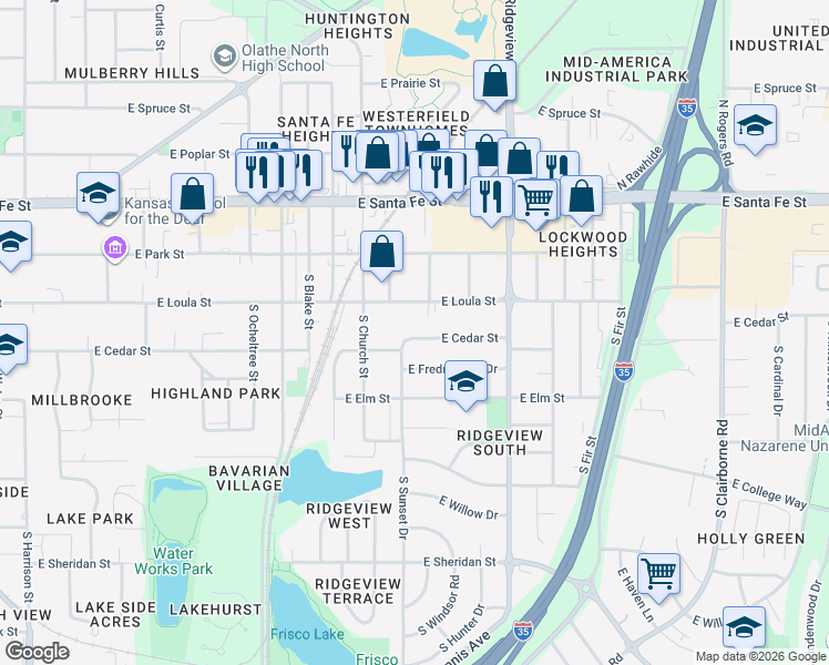 map of restaurants, bars, coffee shops, grocery stores, and more near 1009 East Loula Street in Olathe