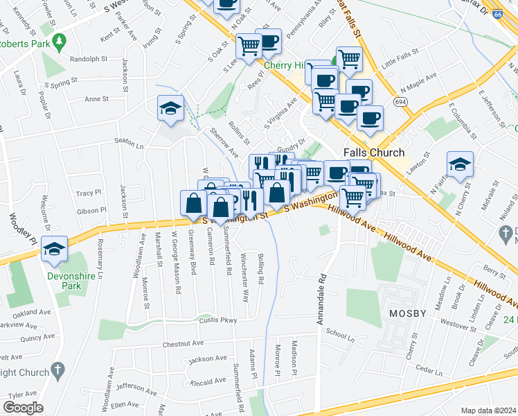 map of restaurants, bars, coffee shops, grocery stores, and more near 499 South Maple Avenue in Falls Church