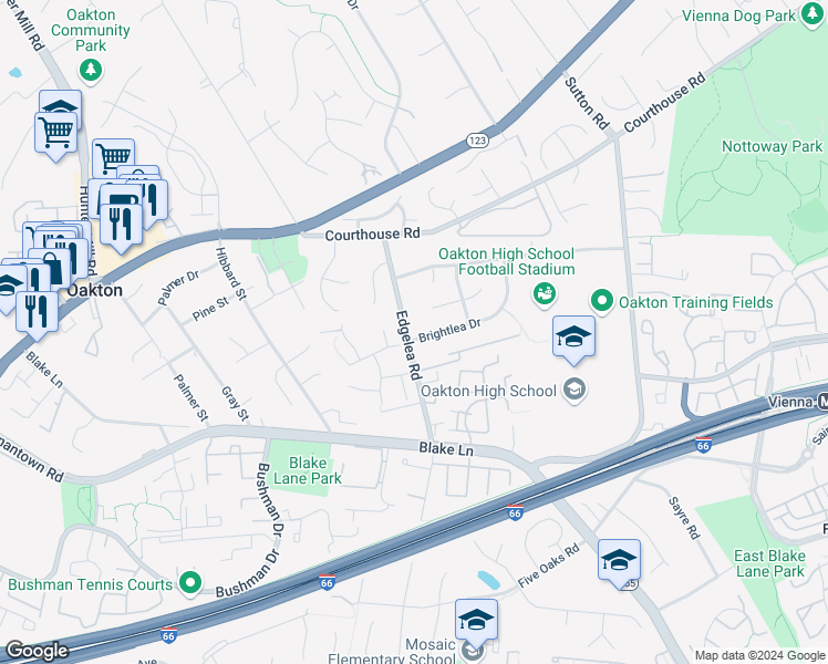 map of restaurants, bars, coffee shops, grocery stores, and more near 9914 Brightlea Drive in Vienna