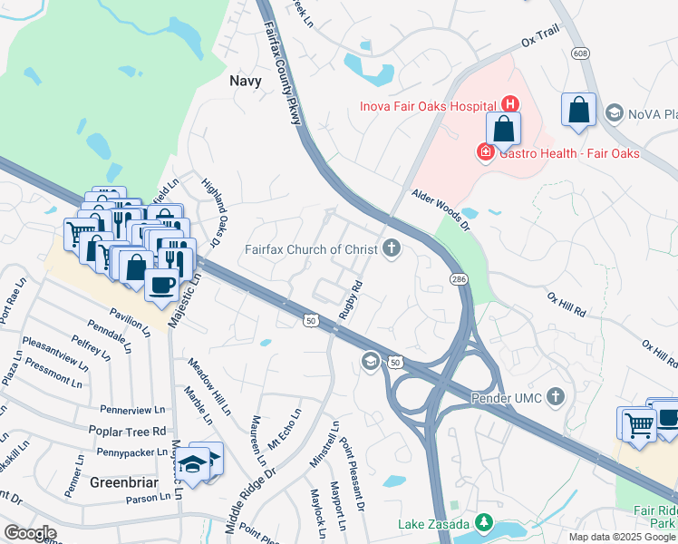 map of restaurants, bars, coffee shops, grocery stores, and more near 12709 Lady Somerset Lane in Fairfax