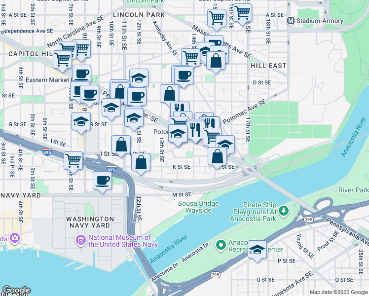 map of restaurants, bars, coffee shops, grocery stores, and more near 1371 Potomac Avenue Southeast in Washington