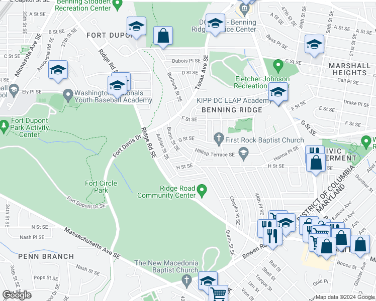map of restaurants, bars, coffee shops, grocery stores, and more near 733 Hilltop Terrace Southeast in Washington
