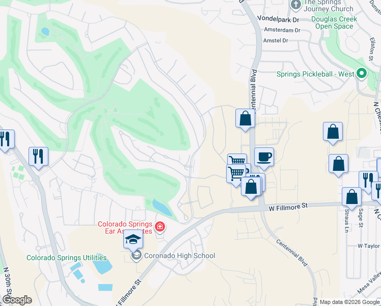 map of restaurants, bars, coffee shops, grocery stores, and more near 3350 Shebas Way in Colorado Springs