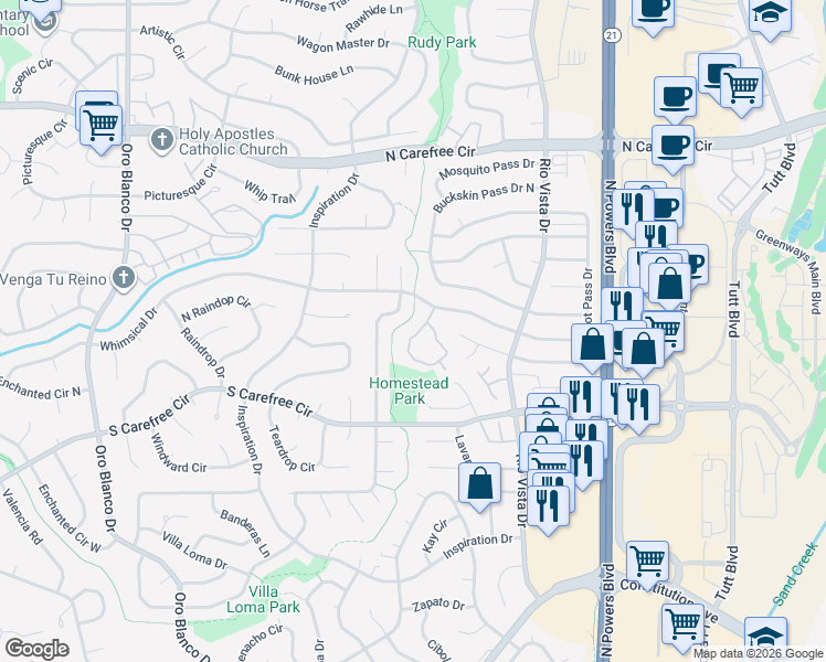 map of restaurants, bars, coffee shops, grocery stores, and more near 3112 Vail Pass Drive in Colorado Springs