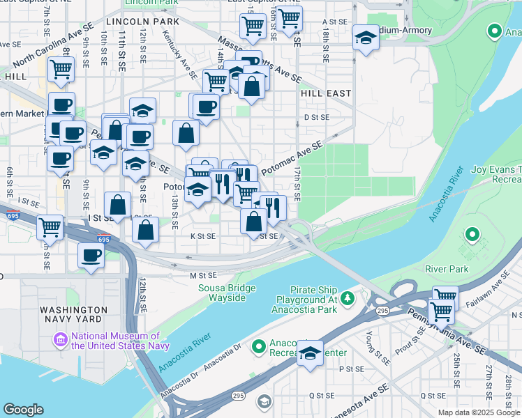 map of restaurants, bars, coffee shops, grocery stores, and more near 101 Independence Avenue Southeast in Washington