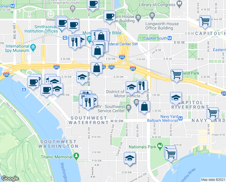map of restaurants, bars, coffee shops, grocery stores, and more near 101 Independence Avenue Southeast in Washington