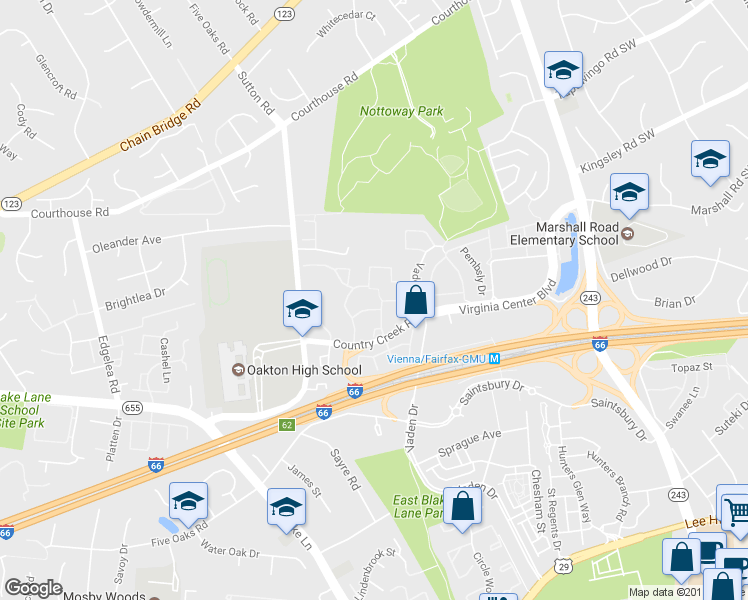map of restaurants, bars, coffee shops, grocery stores, and more near 9652 Motley Lane in Vienna