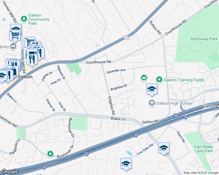 map of restaurants, bars, coffee shops, grocery stores, and more near 9914 Brightlea Drive in Vienna