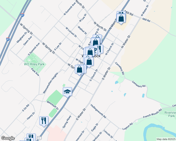 map of restaurants, bars, coffee shops, grocery stores, and more near 216 South Main Street in Woodstock
