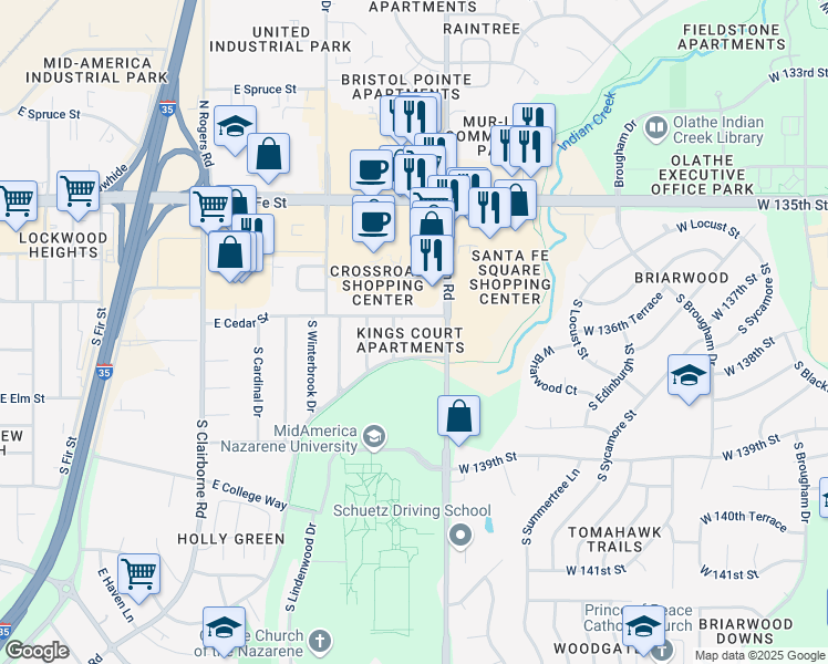 map of restaurants, bars, coffee shops, grocery stores, and more near 2333 East Cedar Street in Olathe