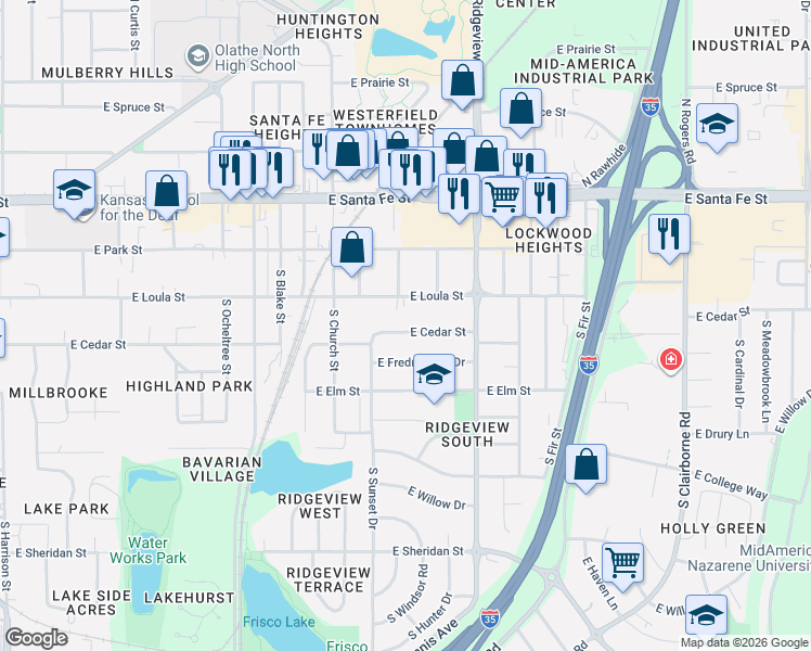 map of restaurants, bars, coffee shops, grocery stores, and more near 13843 West 154th Terrace in Olathe