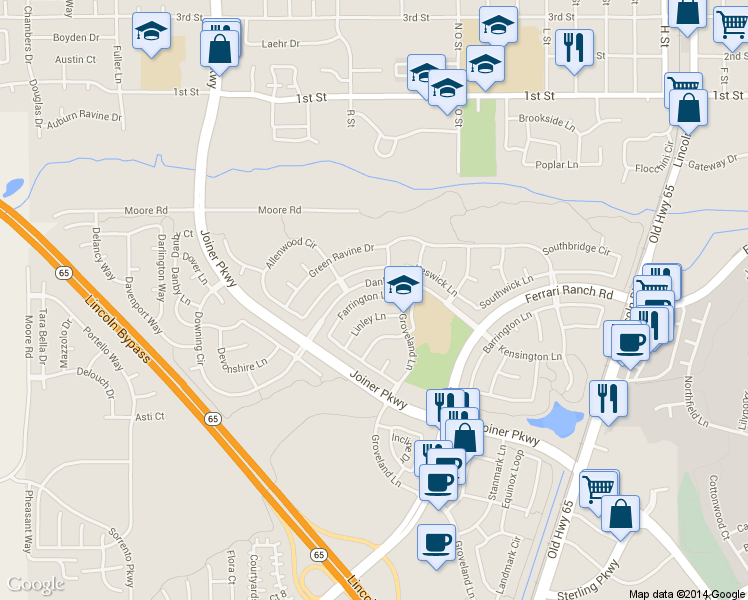 map of restaurants, bars, coffee shops, grocery stores, and more near 635 Farrington Lane in Lincoln