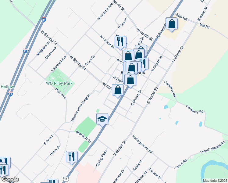 map of restaurants, bars, coffee shops, grocery stores, and more near 135 West Spring Street in Woodstock