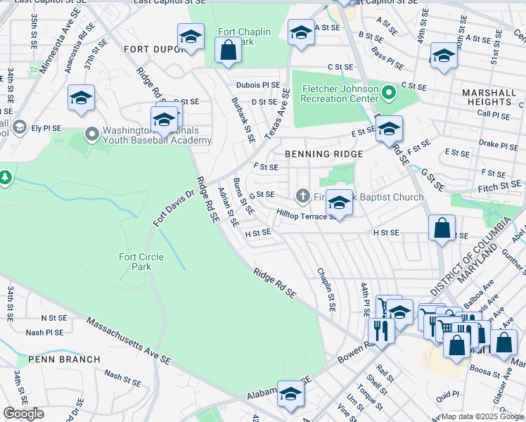 map of restaurants, bars, coffee shops, grocery stores, and more near 733 Hilltop Terrace Southeast in Washington