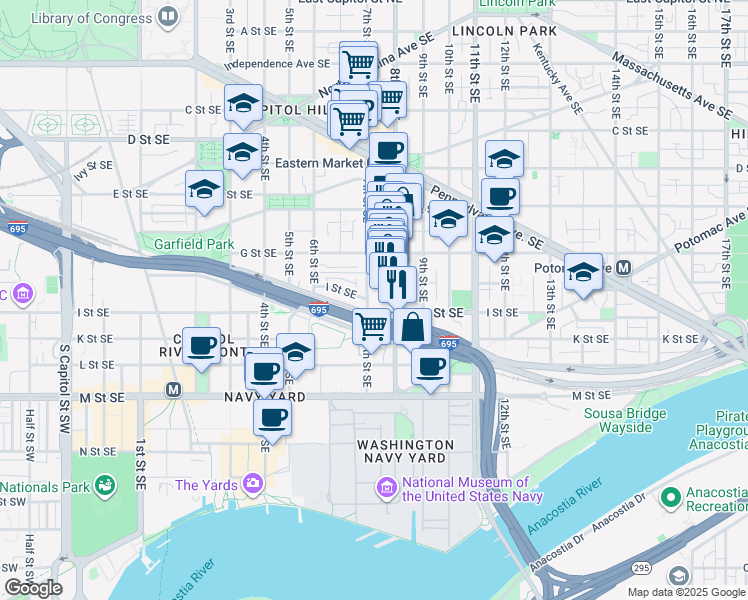 map of restaurants, bars, coffee shops, grocery stores, and more near 101 Independence Avenue Southeast in Washington