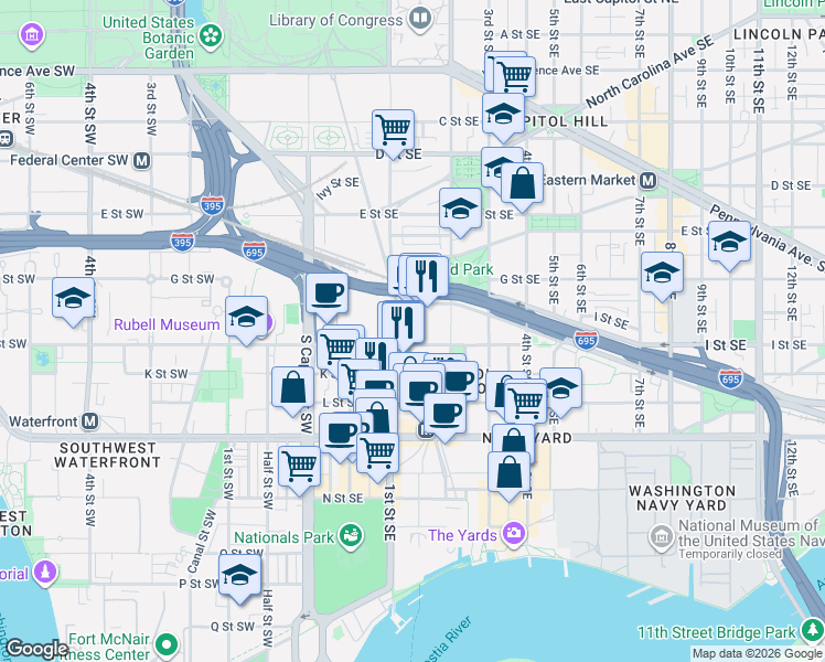 map of restaurants, bars, coffee shops, grocery stores, and more near 101 Independence Avenue Southeast in Washington