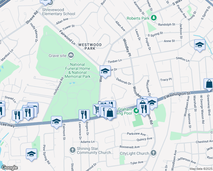 map of restaurants, bars, coffee shops, grocery stores, and more near 2737 West Street in Falls Church