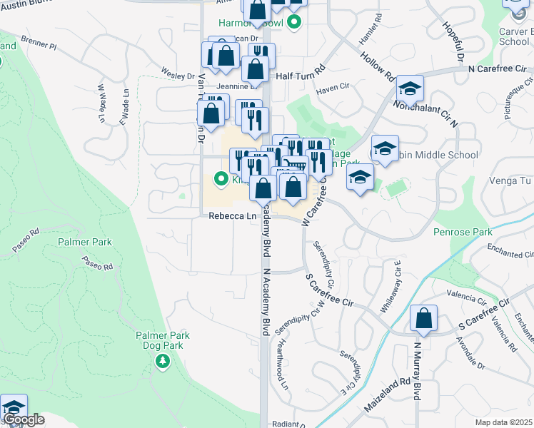 map of restaurants, bars, coffee shops, grocery stores, and more near 3359 N Academy Blvd in Colorado Springs