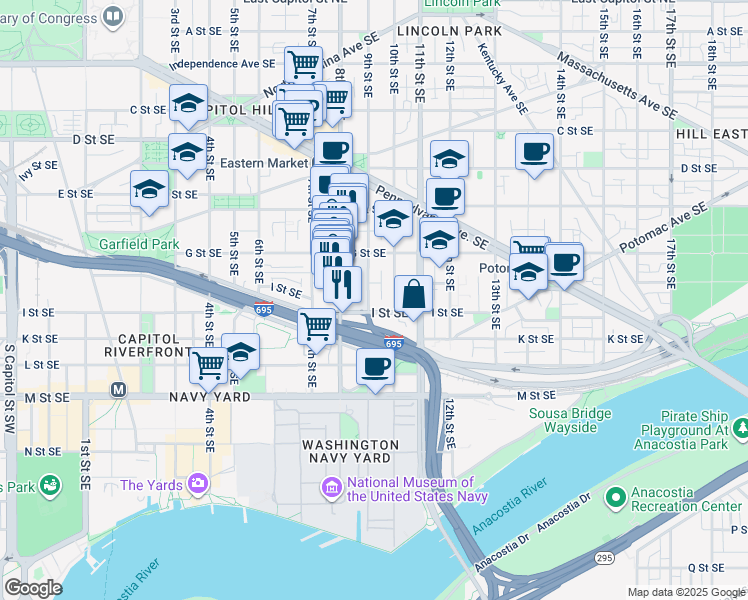 map of restaurants, bars, coffee shops, grocery stores, and more near 752 9th Street Southeast in Washington