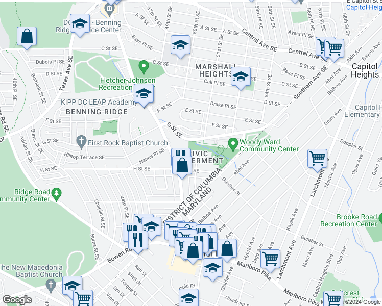 map of restaurants, bars, coffee shops, grocery stores, and more near 5036 Hanna Place Southeast in Washington