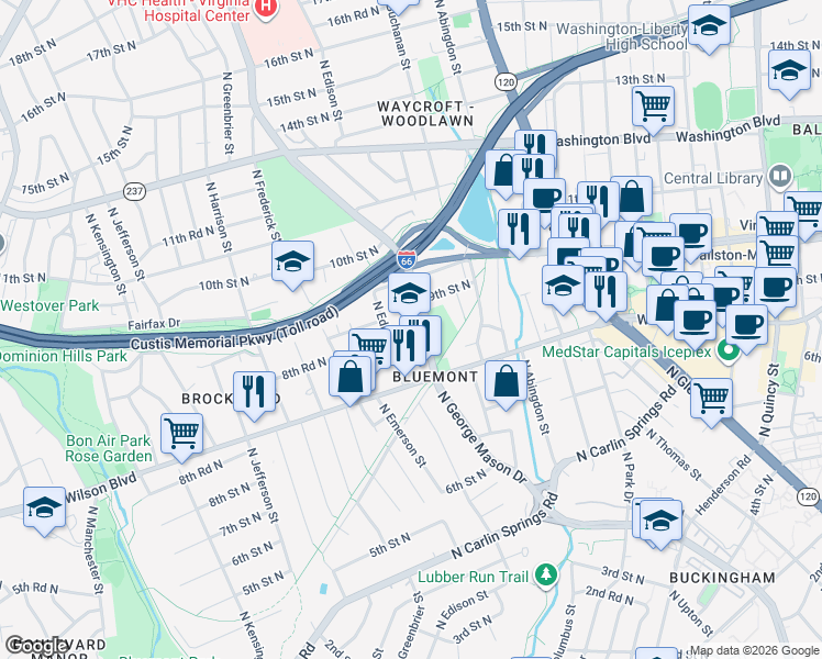 map of restaurants, bars, coffee shops, grocery stores, and more near 855 North Edison Street in Arlington