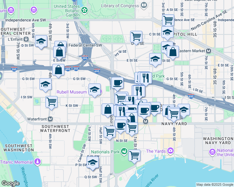 map of restaurants, bars, coffee shops, grocery stores, and more near 2 I Street Southeast in Washington
