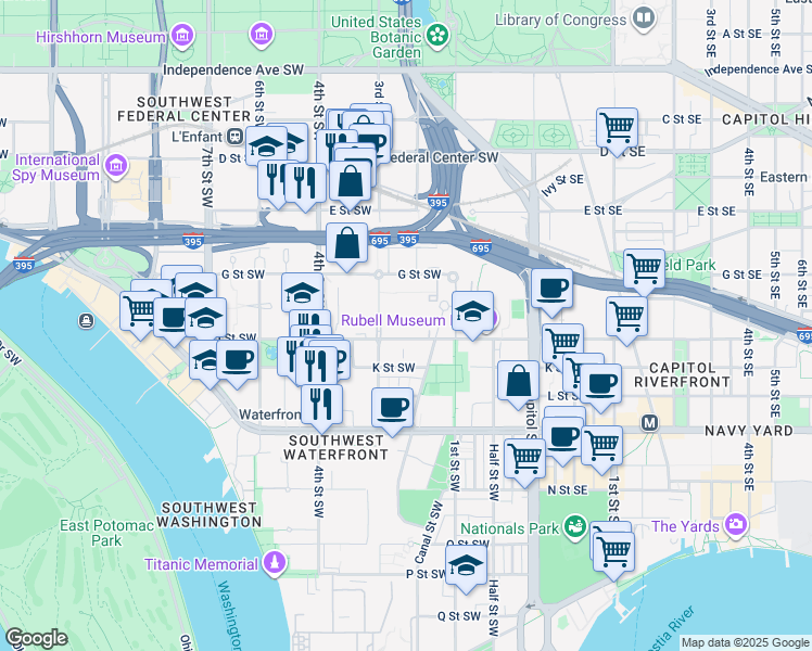 map of restaurants, bars, coffee shops, grocery stores, and more near 201 I Street Southwest in Washington