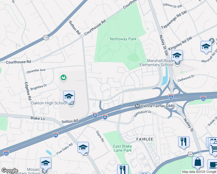 map of restaurants, bars, coffee shops, grocery stores, and more near 9652 Motley Lane in Vienna