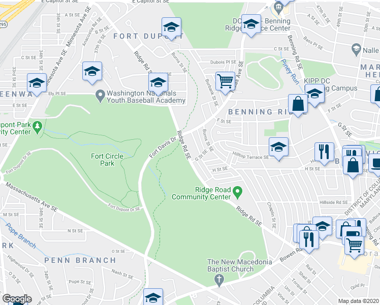 map of restaurants, bars, coffee shops, grocery stores, and more near 632 Ridge Road Southeast in Washington