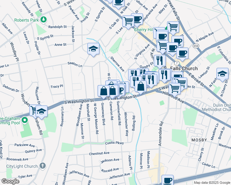 map of restaurants, bars, coffee shops, grocery stores, and more near 103 West Westmoreland Road in Falls Church
