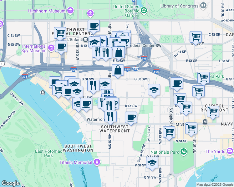 map of restaurants, bars, coffee shops, grocery stores, and more near 355 I Street Southwest in Washington