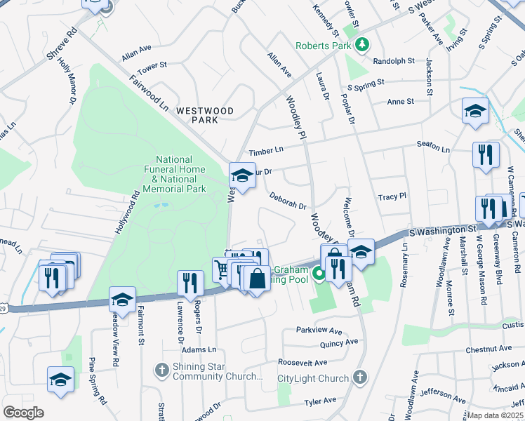 map of restaurants, bars, coffee shops, grocery stores, and more near 7235 Deborah Drive in Falls Church